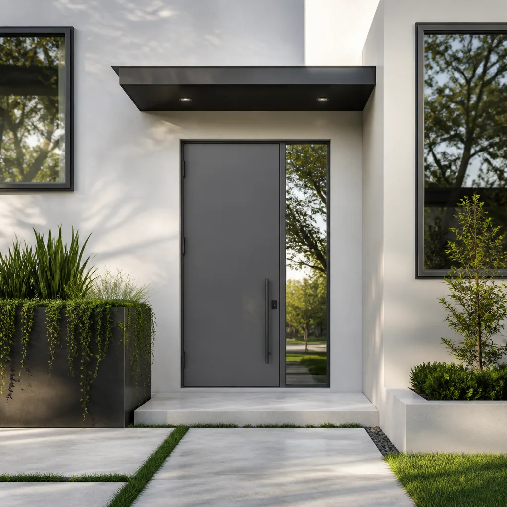 Modern gray front entry door installation on a contemporary house exterior