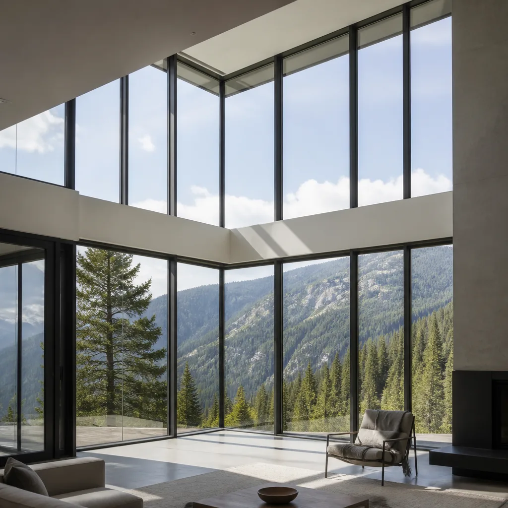 Modern floor-to-ceiling glass windows overlooking a mountain forest view in Houston, TX